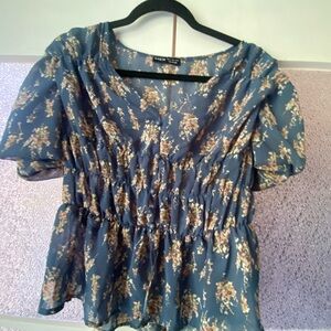 SHEIN Gray and Gold Flutter Sleeve Smocked Peplum Blouse